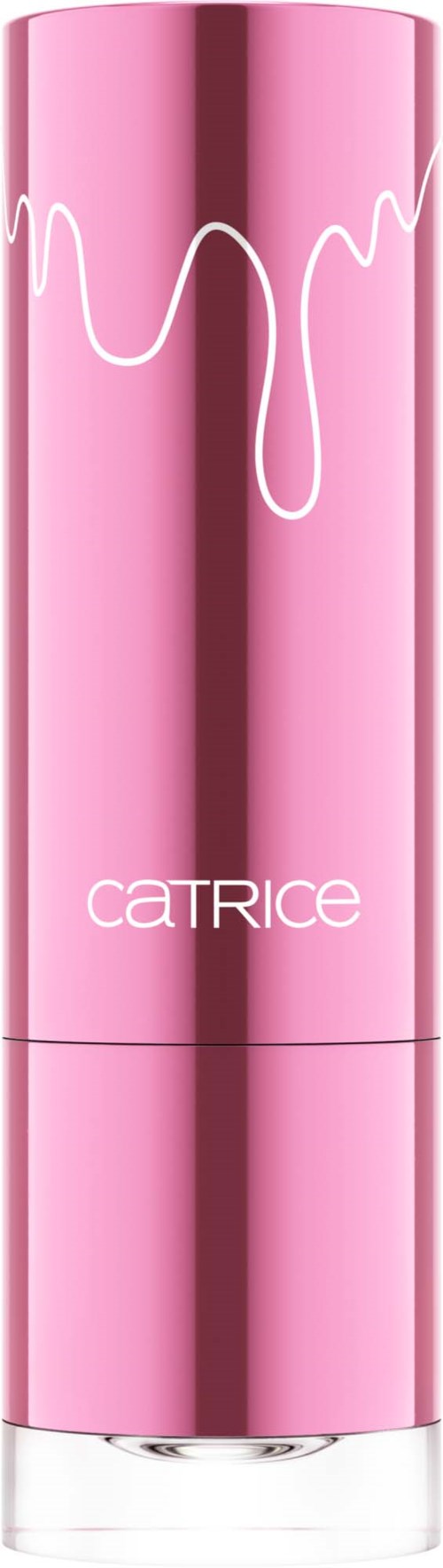 En rosa cylindrisk produkt med vit droppdesign upptill och ordet "Catrice" längst ned.