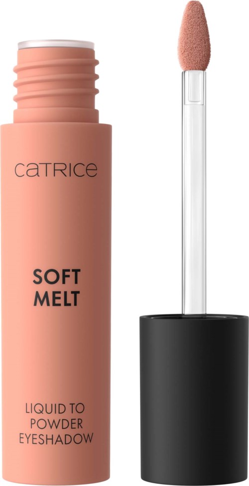 Catrice Soft Melt płynna do pudru cieni do powiek w różowym opakowaniu z gąbkowym aplikatorem.