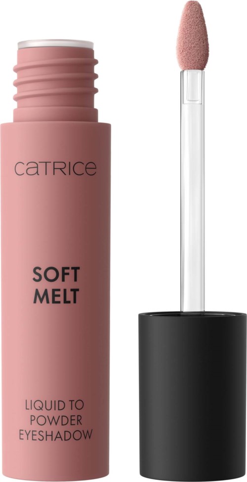 Różowa tubka Catrice Soft Melt płynnej do pudru cieni do powiek z aplikatorem.