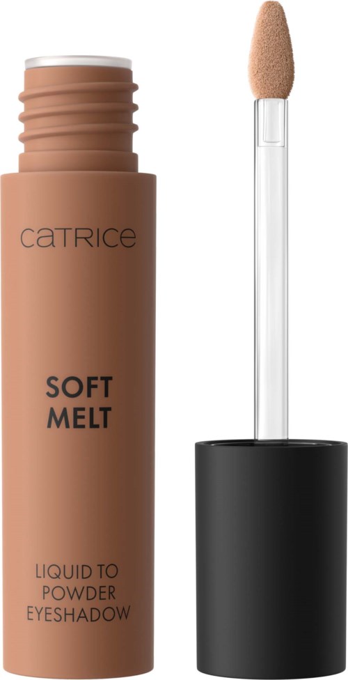 Catrice Soft Melt cienie do powiek w formie płynnej do pudru, z aplikatorem, w beżowej tubce z czarnym napisem.