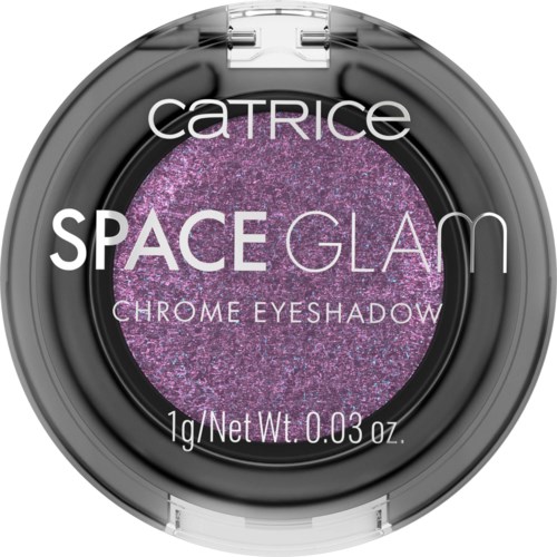 Ronde oogschaduwverpakking met label 'Catrice Space Glam Chrome Eyeshadow' en paarse glittermake-up binnenin.