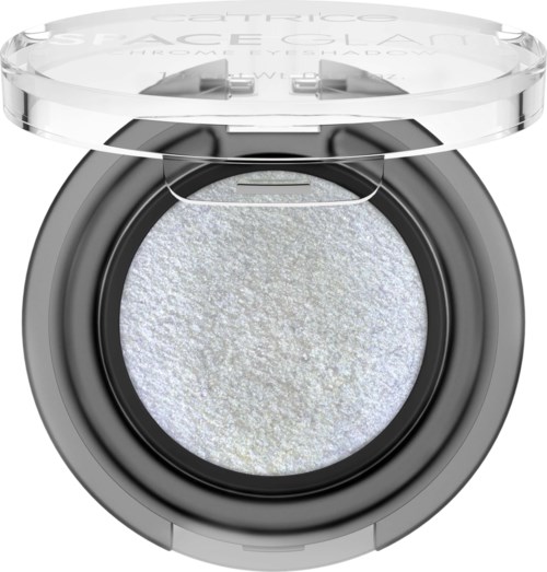Een ronde container met een doorzichtige deks, met een glanzend, lichtkleurig cosmetisch product.