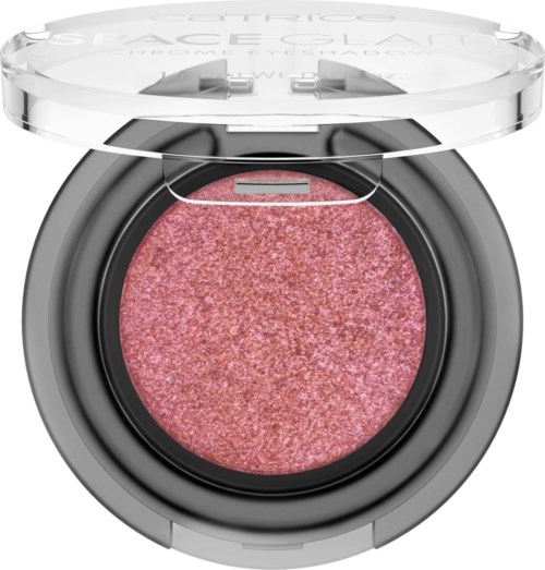 Een ronde make-upproduct met roze glittersamen in een zwart en doorzichtig plastic doos. De deksel is open.
