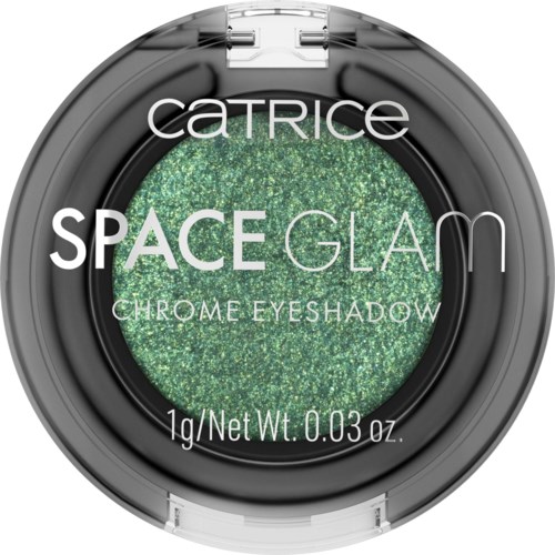 Groene glitterende chrome oogschaduw in een ronde container met witte en zwarte tekst.