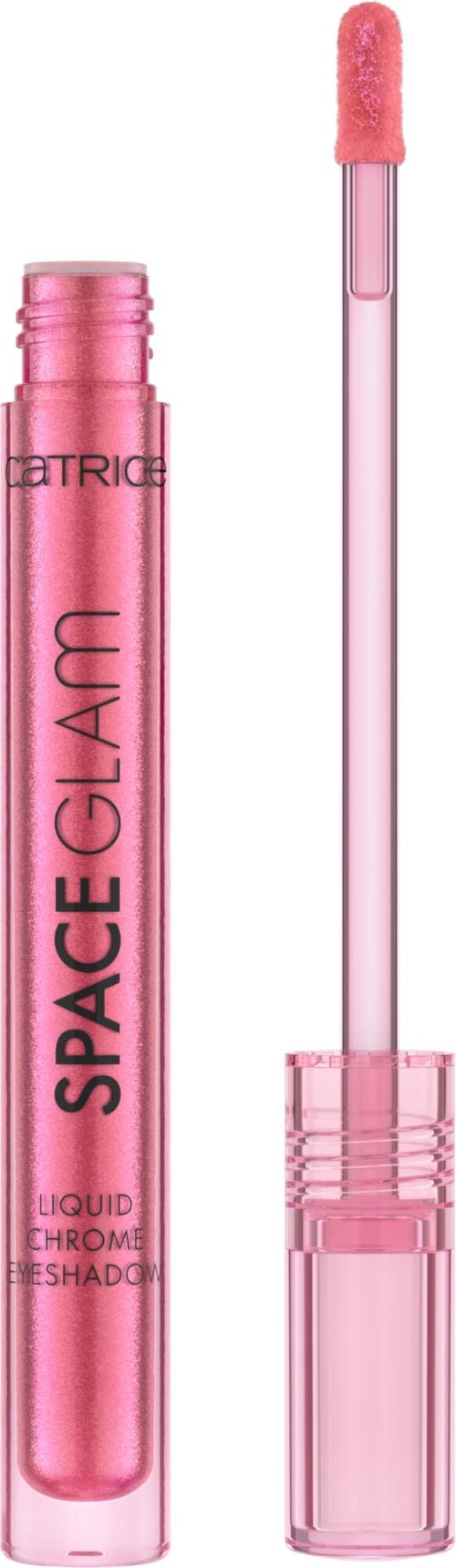 Ein rosa Lipgloss-Röhre mit einem Applikator daneben. Das Rohr trägt die Aufschrift "SPACE GLAM".