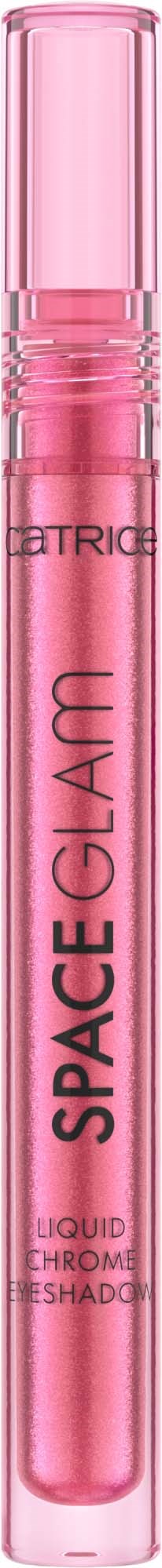 Ein pinker flüssiger Lippenstift in einem transparenten Röhrchen mit pinkem Deckel, beschriftet mit 'SPACE GLAM' und 'LIQUID CHROME'.