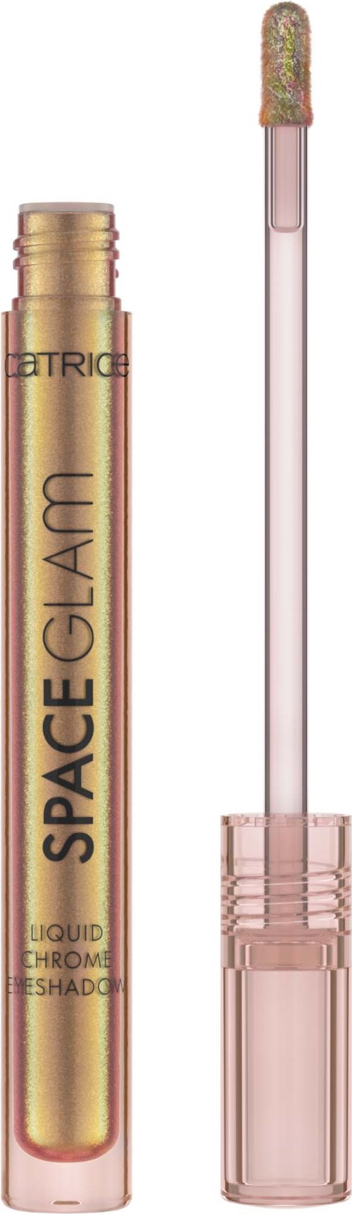 Lipgloss tube gelabeld 'Space Glam' met een doorzichtige applicator die glanzend product toont.