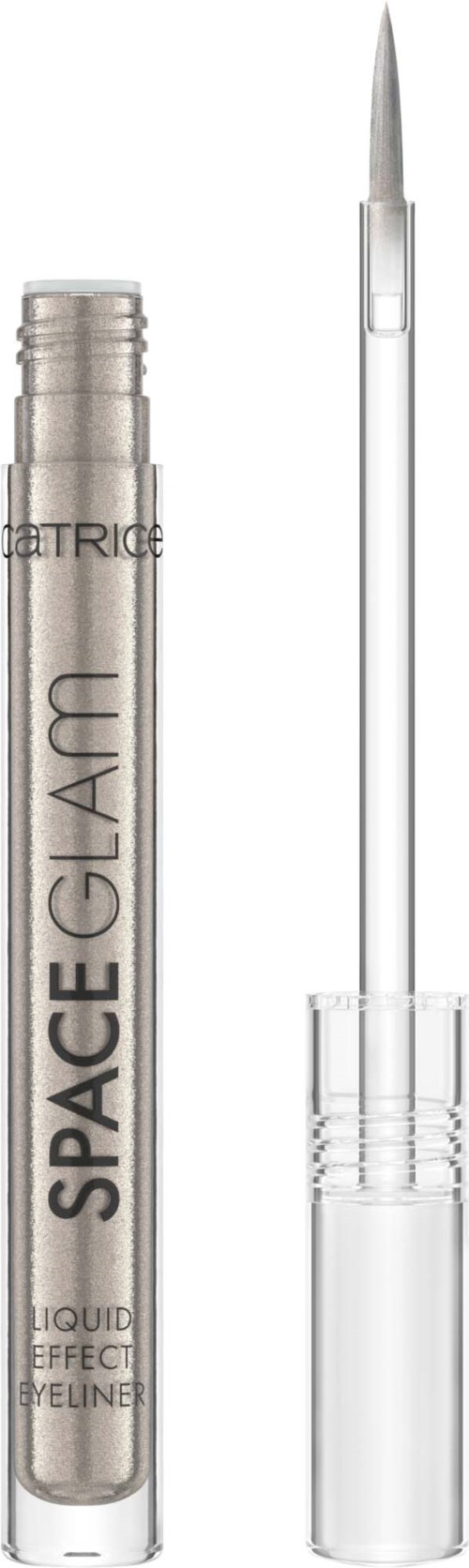 Ein silberner flüssiger Eyeliner in einer transparenten Tube mit Pinselapplikator.