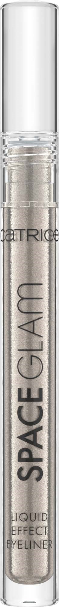 Ein klarer, schlanker Zylinder mit silberner Kappe, beschriftet mit 'SPACE GLAM' und 'LIQUID EFFECT EYE LINER'.