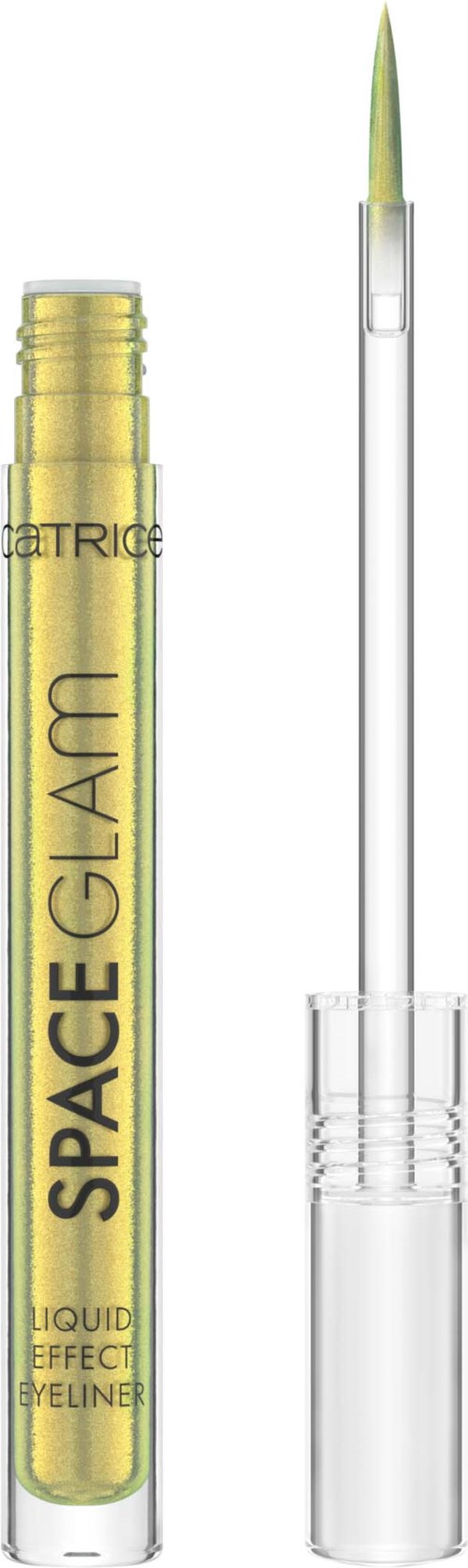 Ein gelber Liquid-Eyeliner mit dem Markennamen 'SPACE GLAM' und Pinselapplikator daneben.