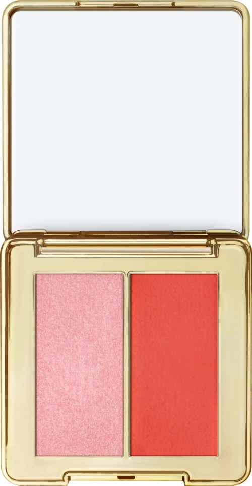 En liten sminkboks med to blushfarger, rosa og korall, og et speil inni lokket.