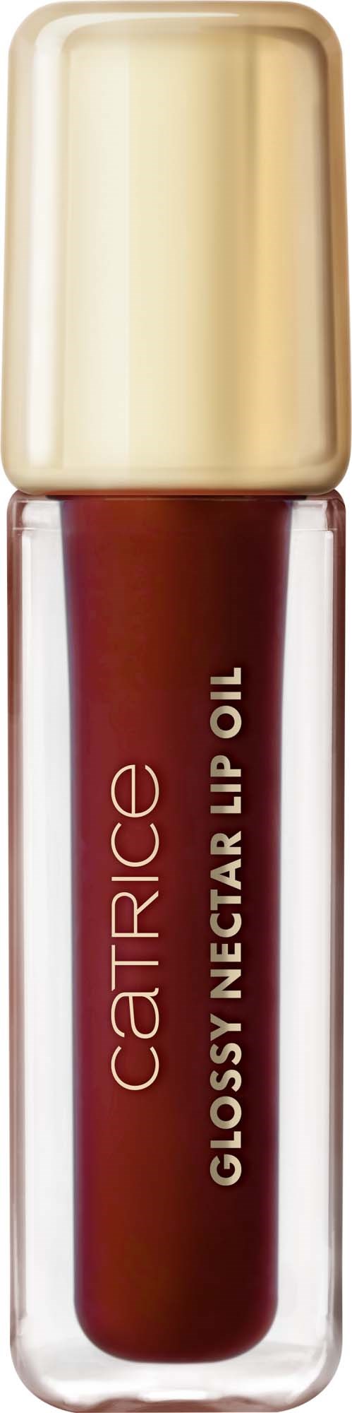 En tube med Catrice glossy nectar lip oil med gullhette, fylt med mørkerødt leppegloss.