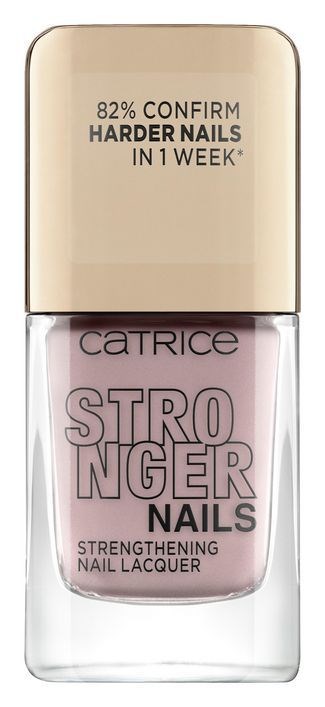 En neglelakflaske med lyserød farve og mærket Catrice. Den lover at styrke negle på én uge.