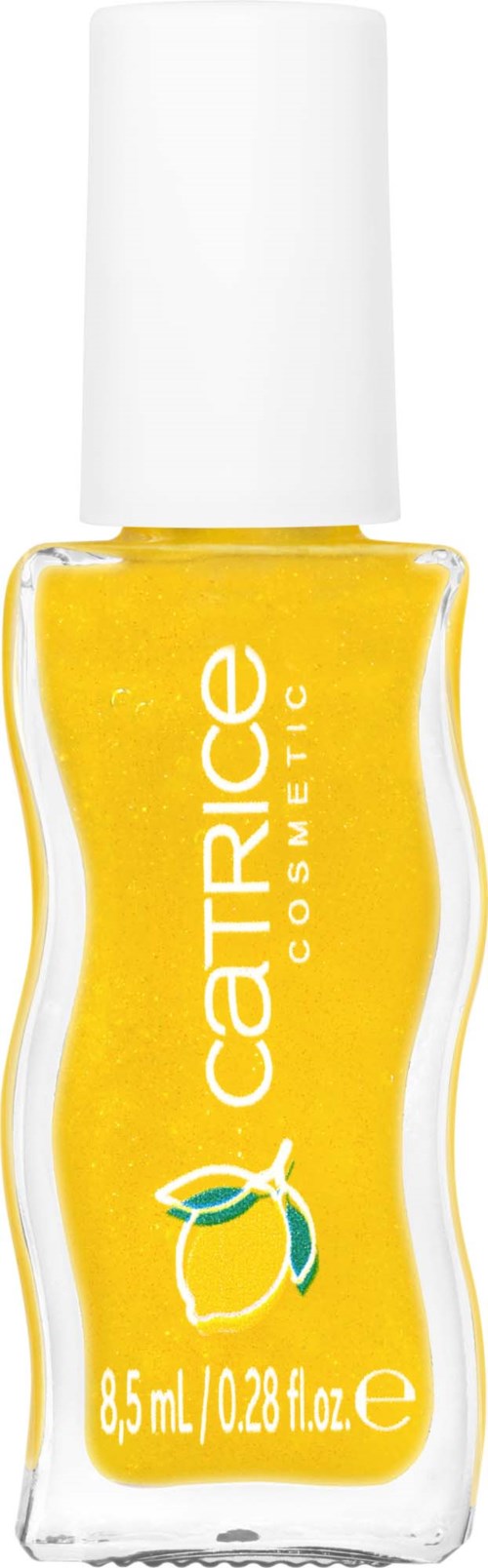 Een klein heldergele fles met een witte dop, gelabeld 'Catric Cosmetic', bevat nagellak.