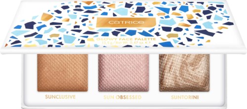 A makeup palette with three shades: orange, pink, and beige, with a decorative cover featuring blue and gold shapes.