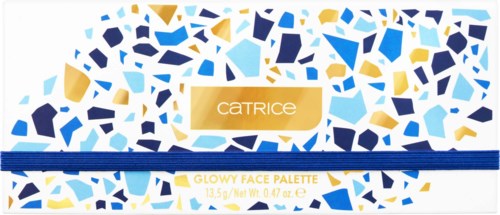 Packaging for Catrice Glowy Face Palette, colorful mosaic design with gold, blue, and white. Contains makeup product.