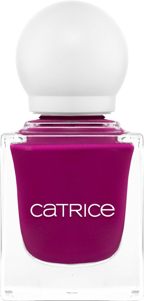 En flaska mörkrosa nagellack med en rund vit kork, märkt 'Catrice' på framsidan.