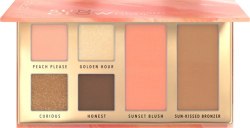 En sminkpalett med sex olika rougefärger med namnen Peach Please, Golden Hour, Curious, Honest, Sunset Blush, Sun-Kissed Bronzer.