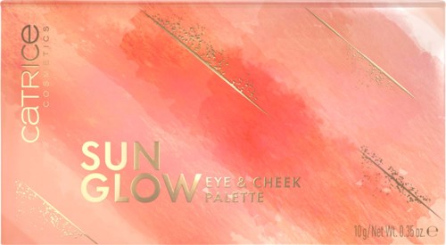 Ljusrosa och persiko palett med guld och silverdetaljer, märkt 'Sun Glow' för ögon och kinder.