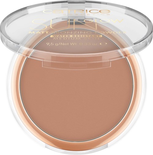 Een compact make-upproduct met lichtbruin pressed poeder, waterbestendig, met doorzichtige klep.