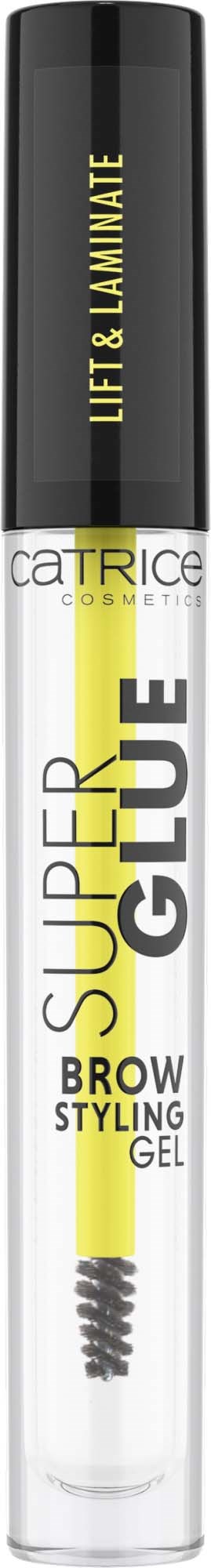 Doorzichtige tube met een gele kwast voor wenkbrauwstyling, gelabeld 'Super Glue' wenkbrauwstylings gel, met zwarte en gele dop.