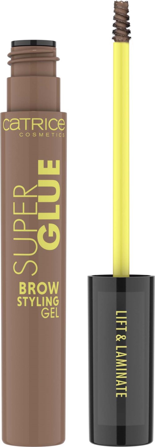 Ein brauner Röhrchen mit Catrice Super Glue Brow Styling Gel und einem gelben Applikator.