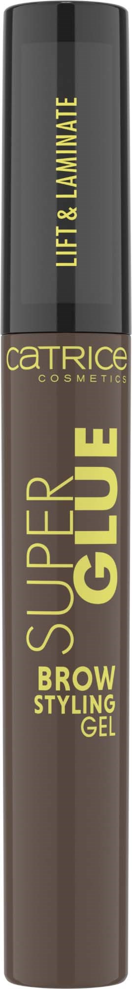 Een wenkbrauwgel tube met zwarte dop en bruin lichaam, gelabeld voor lifting, lamineren en stylen.