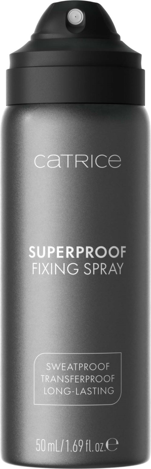 Pitkä, musta suihkepurkki, jossa lukee Catrice ja etiketti Superproof Fixing Spray, pitkäkestoinen kiinnitys.