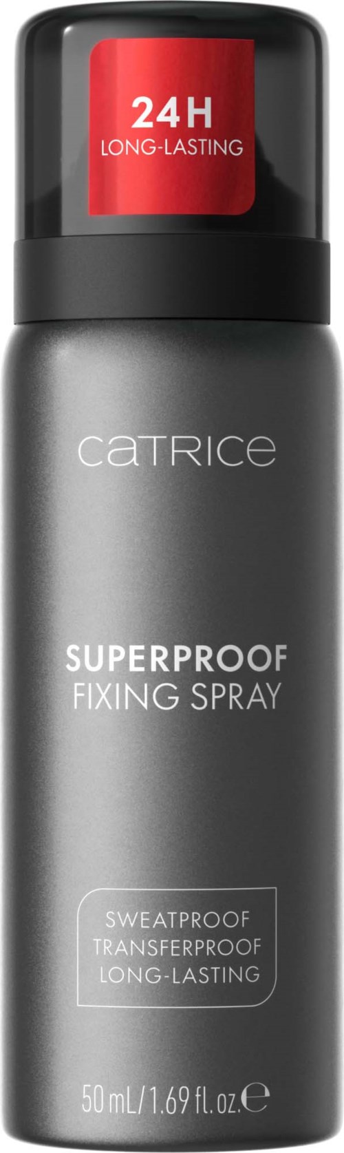 Harmaa suihkepullo, jossa musta suihkupää ja etiketti CATRICE Superproof Fixing Spray, luvataan 24 tunnin kestävyys ja hikoilulta suojattu.