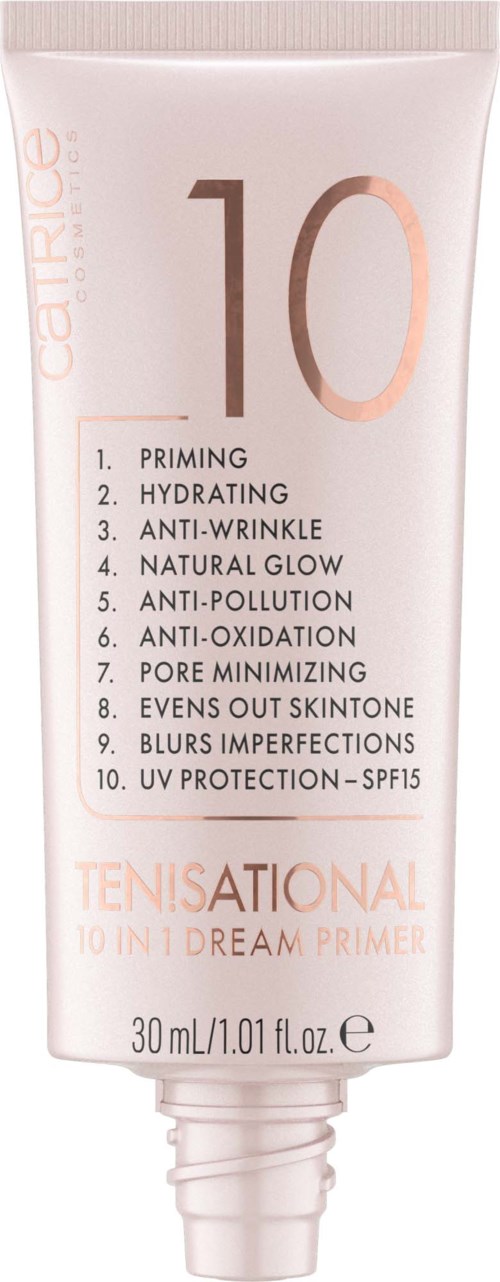 En vit tub med hudvårdsprodukt med fördelarlista och SPF 15, som heter TenisaTional 10 in 1 Dream Primer.