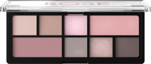 Makeuppalette med forskellige lyserøde, beige, grå og sorte nuancer med glitterdetaljer.
