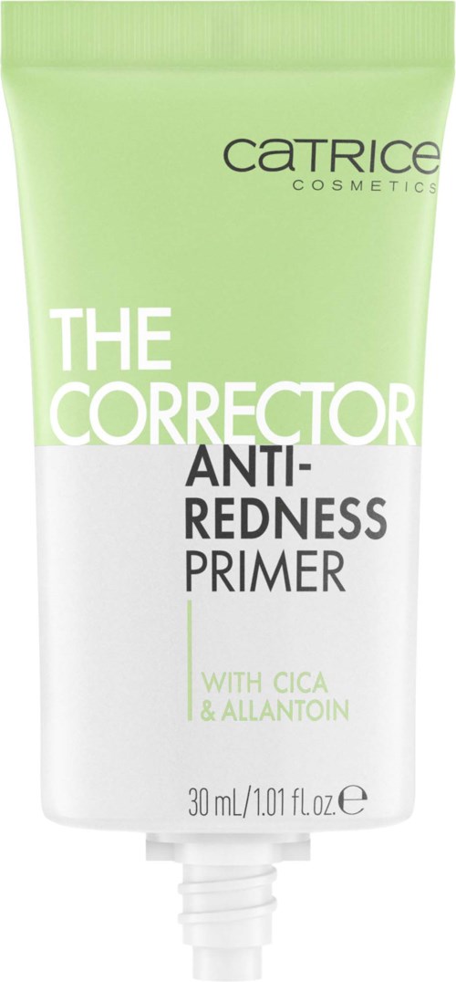 En grön och vit tub märkt Catrice The Corrector Anti-Redness Primer, 30 ml, med ingredienser Cica och Allantoin.