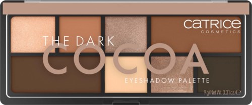 Eine Palette mit acht braunen und beigen Lidschatten, mit den Worten "The Dark Cocoa" und Markenname Catrice.