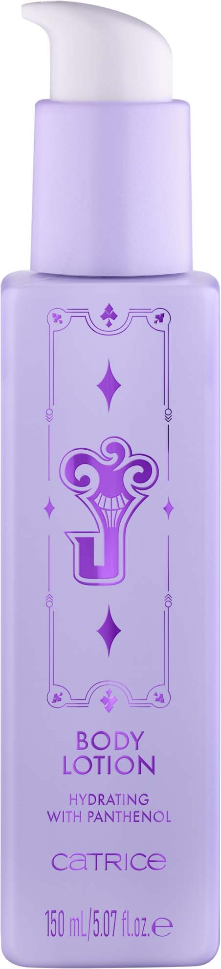 A purple bottle with a white pump, labeled 'BODY LOTION' and 'Hydrating with Panthenol,' by CATRICE.
