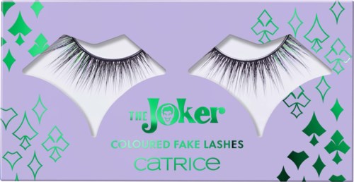 Fake eyelashes with green and black card suit symbols on a purple background, labeled "The Joker" and "Catrice."
