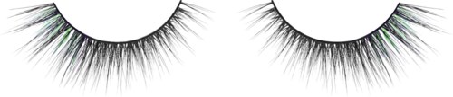 A pair of false eyelashes with a sparkly, colorful design on a white background.