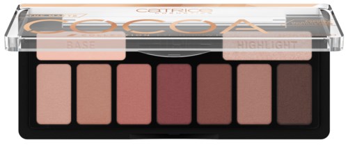 Eine Make-up-Palette mit sechs Farbtönen, gekennzeichnet als Basis und Highlight, in einem durchsichtigen Plastikbehälter.