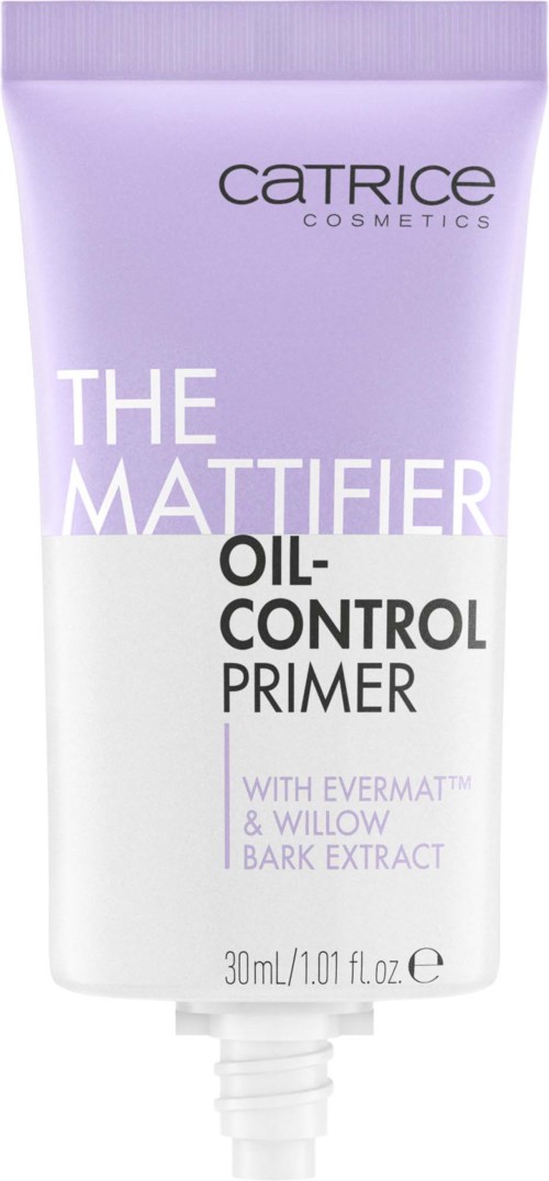 A tube of Catrice Cosmetics oil-control primer with purple and white coloring, featuring text about ingredients and size.