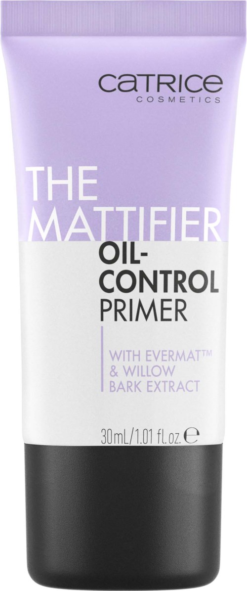 A tube of face primer with a purple and black design. It is labeled as 'The Mattifier Oil-Control Primer' with ingredients listed.