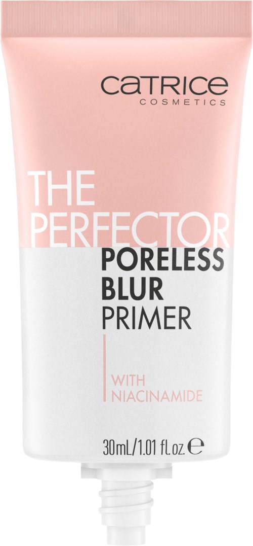 A tube of Catrice primer with a pink and white design, labeled "The Perfecter" and "Poreless Blur Primer".
