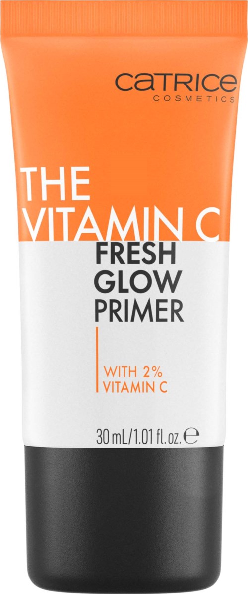 En tub av Catrice Vitamin C primer, orange och vit, med svart botten, märkt "Fresh Glow Primer" med 2% vitamin C.