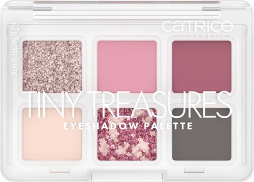 Een kleine oogschaduwpalette met zes verschillende tinten, waaronder roze, paars, glitter en neutrale kleuren.