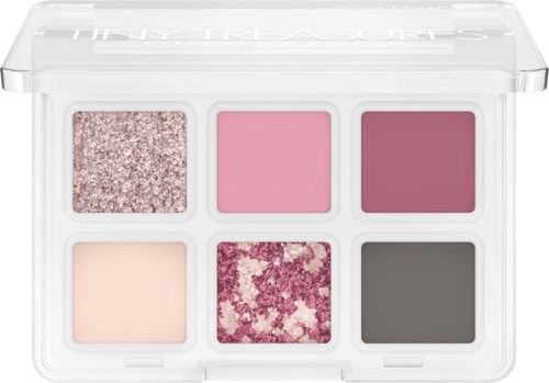 Make-up palette met zes oogschaduwkleuren: glinsterende roze, lichtroze, donkerroze, licht beige, bloemmotief en donkergrijs.
