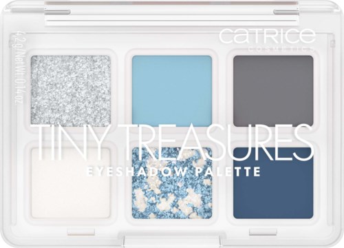 An eyeshadow palette with six colors, mostly in blue and gray shades, labeled "Tiny Treasures."