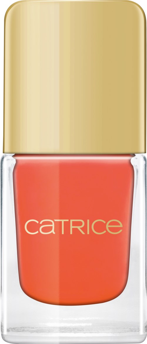 En flaska nagellack från Catrice med korallig-orange färg och guldkapsel.