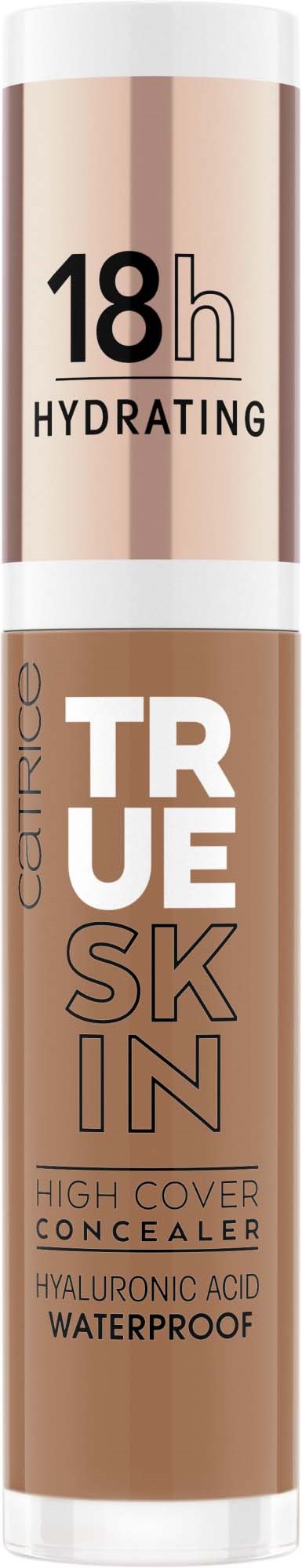 A beige lipstick stick labeled "18h Hydrating" with product details like "High Cover" and "Waterproof."