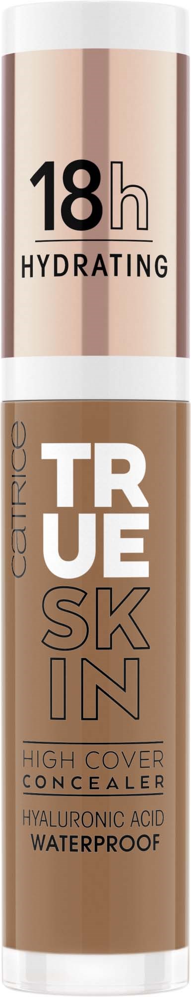 A cylindrical tube of concealer named 'TRUE SKIN', with labels for hydration, water-resistant, high cover, rich in hyaluronic acid.
