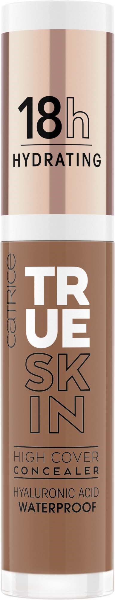 A cylindrical container labeled '18h Hydrating' and 'High Cover Concealer' with words 'TRUE SKIN', 'Hyaluronic Acid', and 'Waterproof.'