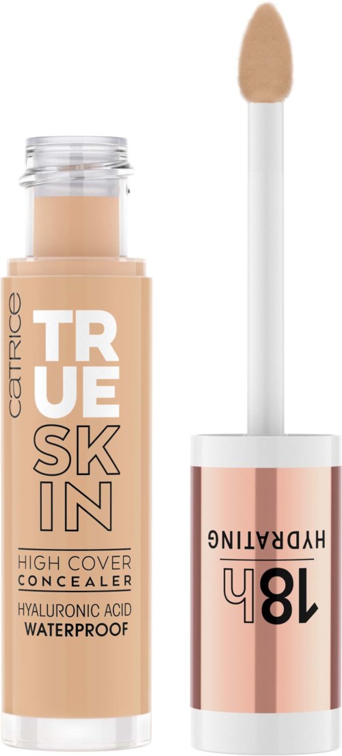 A beige liquid concealer in a tube with a wand applicator, waterproof, contains hyaluronic acid, high coverage.