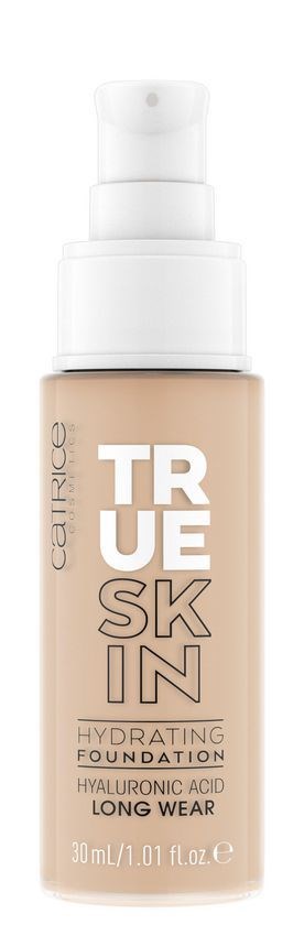 Flasche für Hydraing Foundation von Catrice mit Pumpspender, bezeichnet "True Skin," für langanhaltende Feuchtigkeitsversorgung.